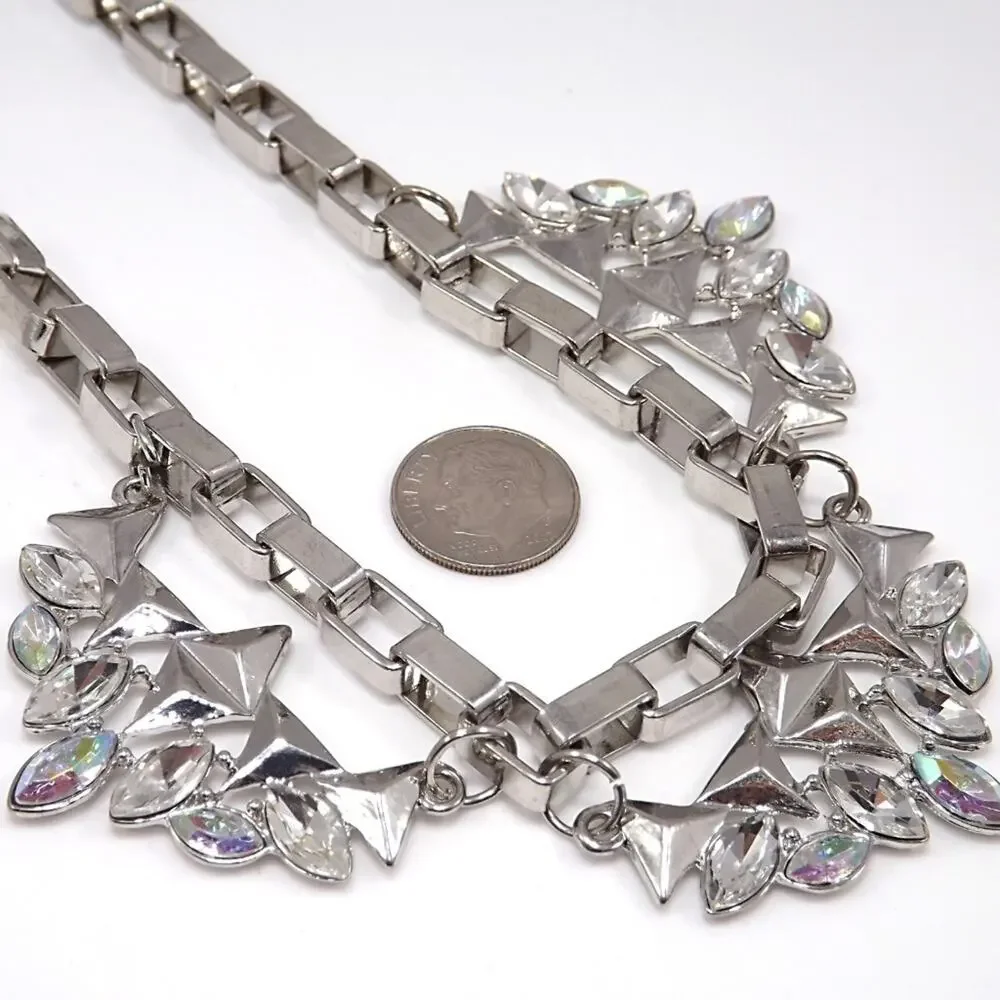 Silver Tone Statement Necklace, Aurora Borealis Rhinestones, 20 Inches